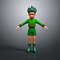 3D Character Model With Green Spiky Hair And Green Outfit Standing With Outstretched Hands