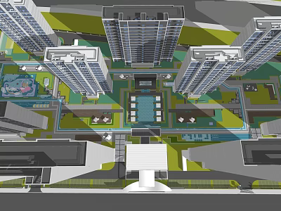 Aerial View Of Modern High Rise Residential Complex With Green Areas And Swimming Pool Design 3d model