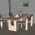 Modern Minimalist Dining Table Set With Wooden Tabletop Upholstered Chairs And Vase Flowers