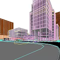 Modern Urban Commercial Street With Glass Facade Buildings Pedestrians Greenery And Vehicles