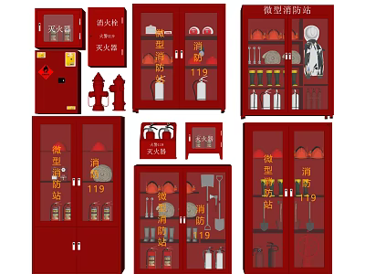 Complete Fire Safety Equipment Collection Including Extinguishers Hoses Axes Helmets And Red Cabinets 3d model