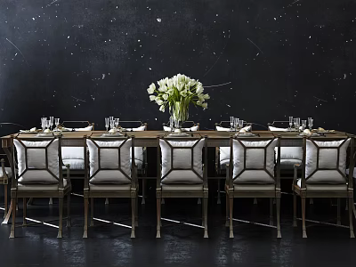 Dining Table Set With Chairs White Flower Vase Wine Glasses And Plates On Black Background 3d model