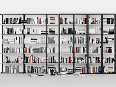 Modern Black Frame Open Bookshelf Design With Multiple Shelves And Various Books 3d model