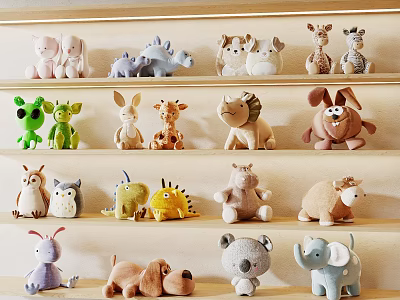 A Collection Of Colorful Plush Animal Toys Displayed On Shelves 3d model