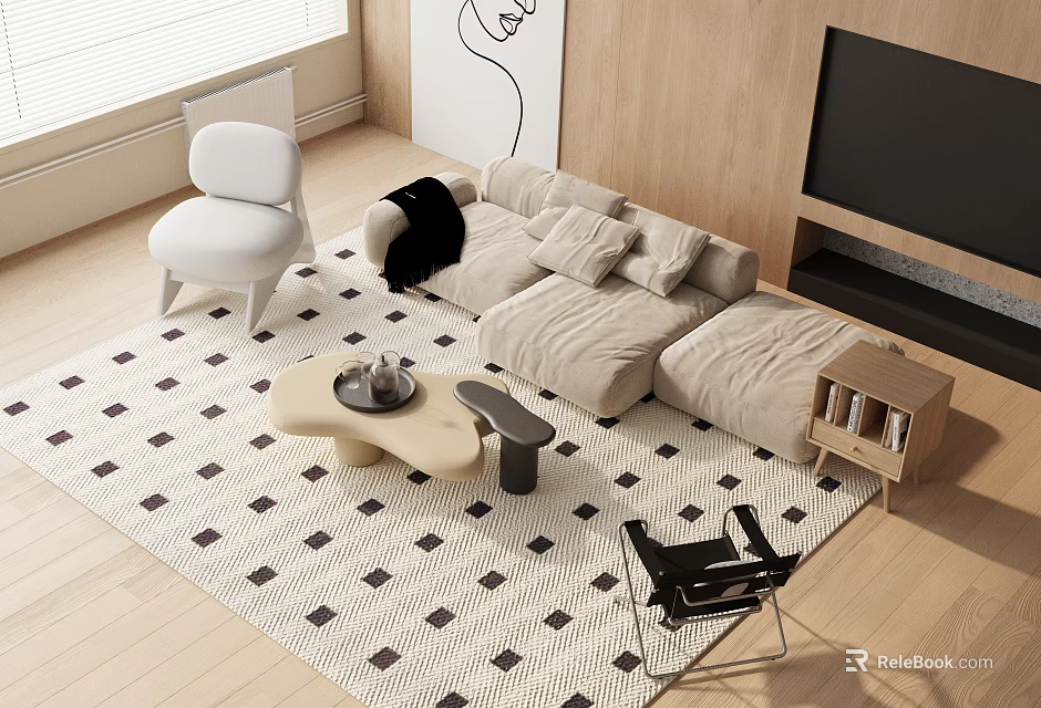 Modern Living Room With Beige Sofa Coffee Table Set Multiple Cushions And Diamond Pattern Rug 3d model 