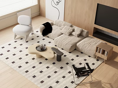 Modern Living Room With Beige Sofa Coffee Table Set Multiple Cushions And Diamond Pattern Rug 3d model