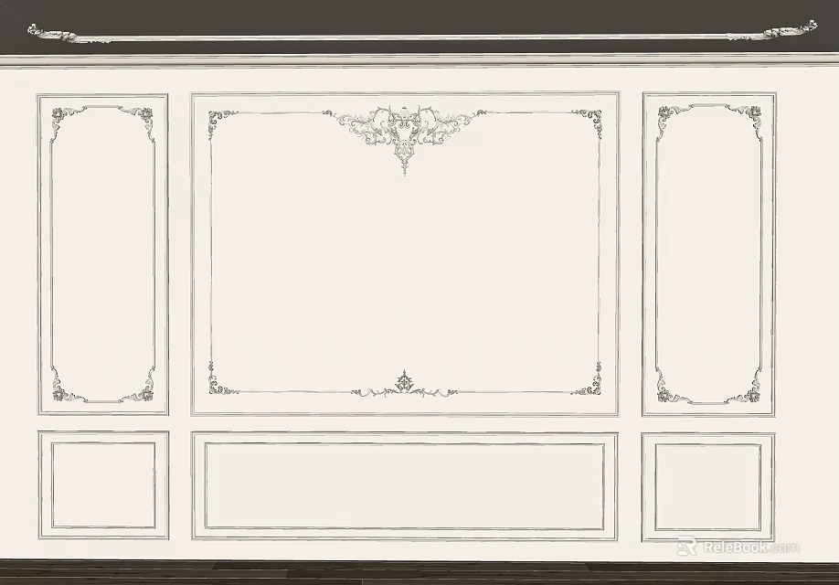 White Classic Sofa Backdrop Wall Design With Symmetrical Decorative Frames And Central Ornate Pattern 3d model