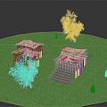 Outdoor Scene With White Canopy Structures Green Grass Trees And Steps On Lawn
