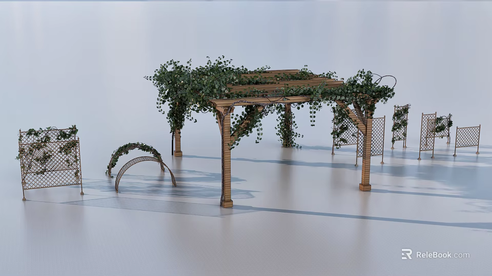 Wooden Pergola With Green Vines And Decorative Arch Structures In Open Area 3d model 
