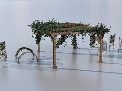 Wooden Pergola With Green Vines And Decorative Arch Structures In Open Area 3d model