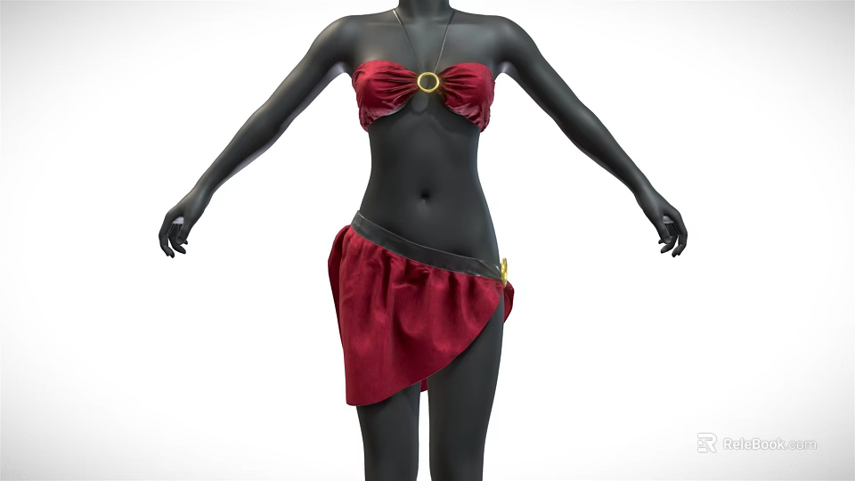 Black Mannequin Wearing Red Bra Top With Gold Circular Buckle And Asymmetrical Red Skirt 3d model 
