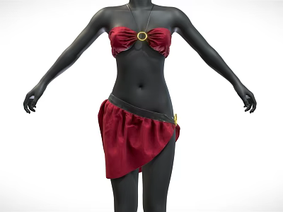 Black Mannequin Wearing Red Bra Top With Gold Circular Buckle And Asymmetrical Red Skirt 3d model