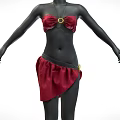 Black Mannequin Wearing Red Bra Top With Gold Circular Buckle And Asymmetrical Red Skirt