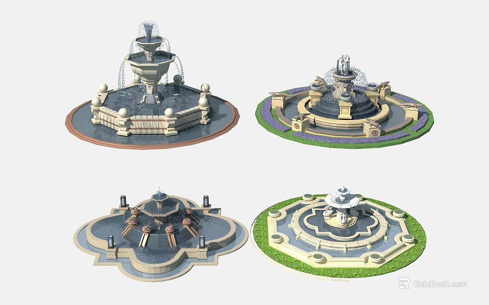 Decorative Garden Fountain Ornaments With Ornate Designs And Circular Bases 3d model 