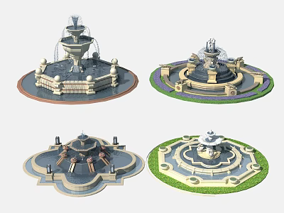 Decorative Garden Fountain Ornaments With Ornate Designs And Circular Bases 3d model