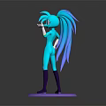Turquoise Game And Movie Character With Long Tail Red Eyes Purple Boots Standing On Purple Base