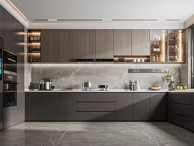 Modern Kitchen Interior Design with Dark Cabinets Marble Countertops Appliances Wall Cabinets and Lighting 3d model