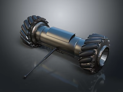 Black Metallic Mechanical Device Featuring Cylindrical Body Large Treaded Wheels And Support Stand 3d model