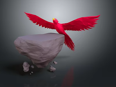 Red Bird With Spread Wings Perched On Floating Rock Against Gray Background 3d model