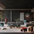 Modern Living And Dining Room Interior With Gray Sofa Coffee Tables And Decorative Elements 3d model