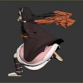 Anime Girl 3D Model With Long Black Hair Pink Kimono Red Ribbons And Bamboo Muzzle