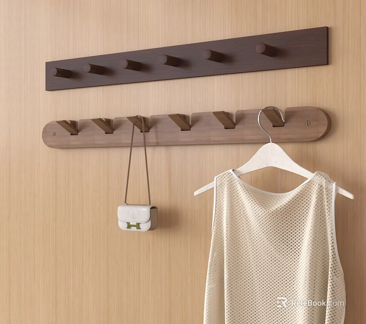 Wooden Wall Hook Rack With Multiple Hooks Hanging Bag And Vest 3d model