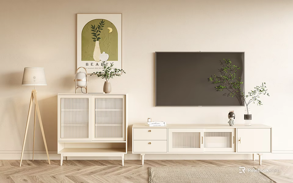 Modern White TV Stand With Drawers Glass Doors Decorative Painting Floor Lamp And Green Plants 3d model 