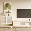 Modern White TV Stand With Drawers Glass Doors Decorative Painting Floor Lamp And Green Plants