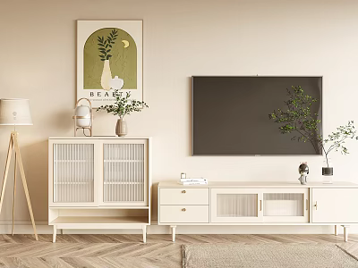 Modern White TV Stand With Drawers Glass Doors Decorative Painting Floor Lamp And Green Plants 3d model