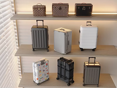 Various Suitcases and Luggage with Wheels Patterns and Colors on Wooden Shelves 3d model