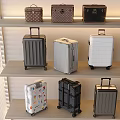 Various Suitcases and Luggage with Wheels Patterns and Colors on Wooden Shelves