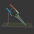 Colorful Metal Weapon With Red Blue Components Sharp Blade On Green Rusty Stand