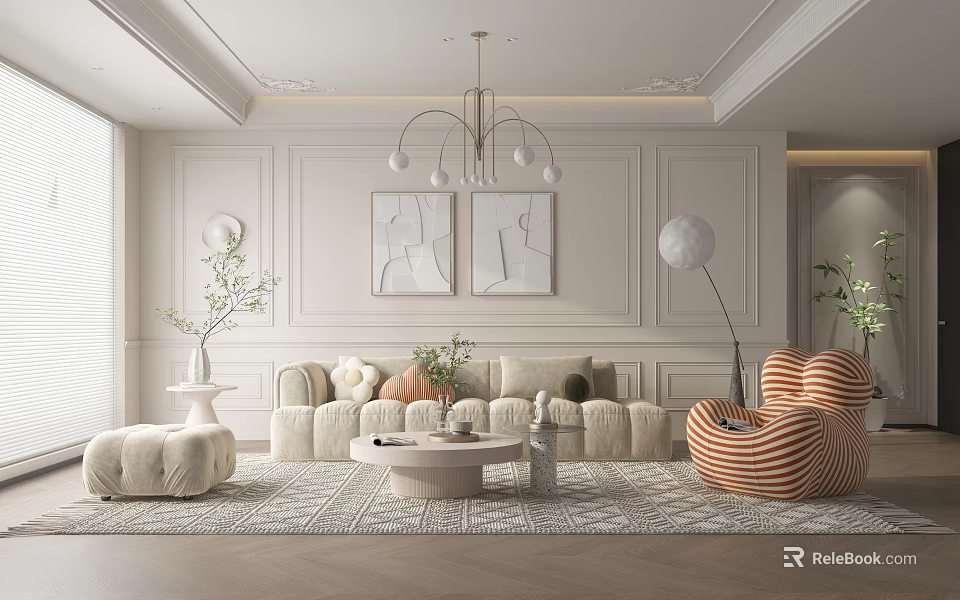 Elegant Modern Living Room Interior With Beige Sofa Round Coffee Table And Orange Accent Chair 3d model 