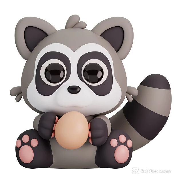 Cute Gray White Cartoon Reptile With Big Eyes Striped Tail Holding Egg And Pink Paws 3d model 