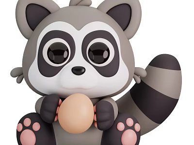 Cute Gray White Cartoon Reptile With Big Eyes Striped Tail Holding Egg And Pink Paws 3d model