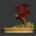 Game Movie Character Bonsai Scene With Red Maple Leaves Small Frog And Lotus Pond