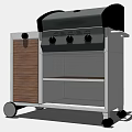 Two Outdoor Kitchen Grills With Wheels Wood Metal Black Lids And Storage Shelves