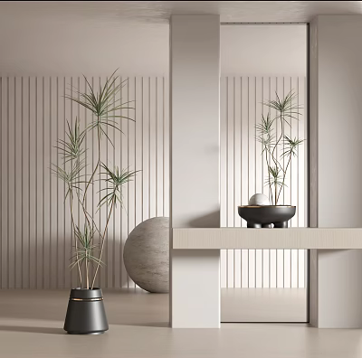 Potted Bonsai Plant In Modern Interior With Vertical Striped Wall Black Pot And Mirror 3d model