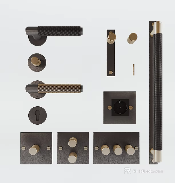 Various Modern Door Handles With Metal Finishes Knobs And Lock Components 3d model 