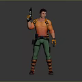 Game And Movie Character Wearing Orange Shirt Green Pants Holding Gun With Tool Belt