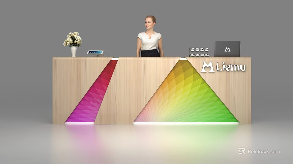 Modern Wooden Reception Desk With Colorful Geometric Patterns Liemu Logo Flower Vase Tablet And Laptop 3d model 