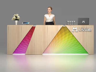 Modern Wooden Reception Desk With Colorful Geometric Patterns Liemu Logo Flower Vase Tablet And Laptop 3d model