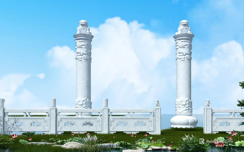 White Stone Pillars With Lion Statues And Carved Railings Under Cloudy Blue Sky 3d model 