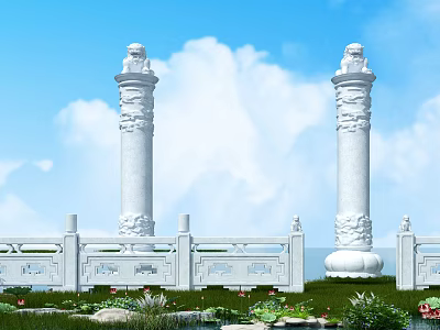 White Stone Pillars With Lion Statues And Carved Railings Under Cloudy Blue Sky 3d model