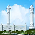 White Stone Pillars With Lion Statues And Carved Railings Under Cloudy Blue Sky