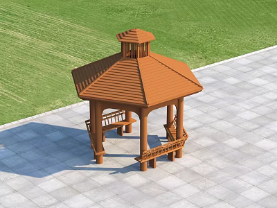 Wooden Gazebo With Orange Roof Hexagonal Design Benches Grass Field And Paved Ground 3d model