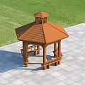 Wooden Gazebo With Orange Roof Hexagonal Design Benches Grass Field And Paved Ground