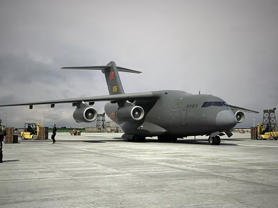 Military Fighter Jet Parked on Airport Tarmac Under Cloudy Sky with Ground Crew and Equipment 3d model
