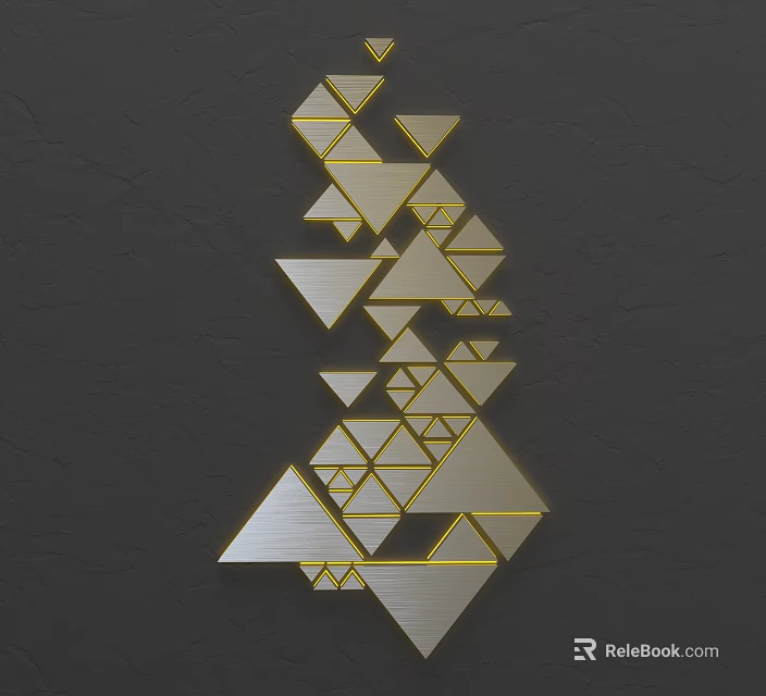 Geometric Wall Decor with Gold and Silver Triangles on Dark Wall Surface 3d model
