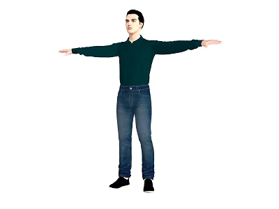 Man With Arms Outstretched Wearing Dark Green Shirt Blue Jeans Black Shoes On White Background 3d model